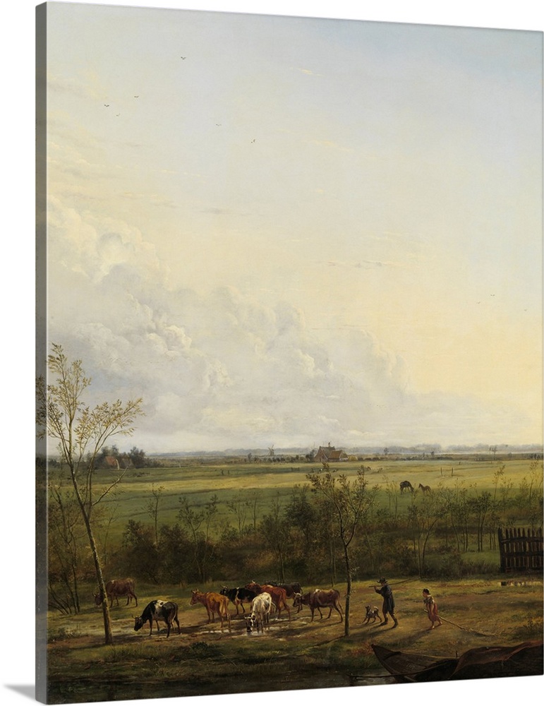 Distant View of the Meadows at 'S-Graveland, by Pieter Gerardus van Os, 1817, Dutch oil painting on canvas. This unstylize...
