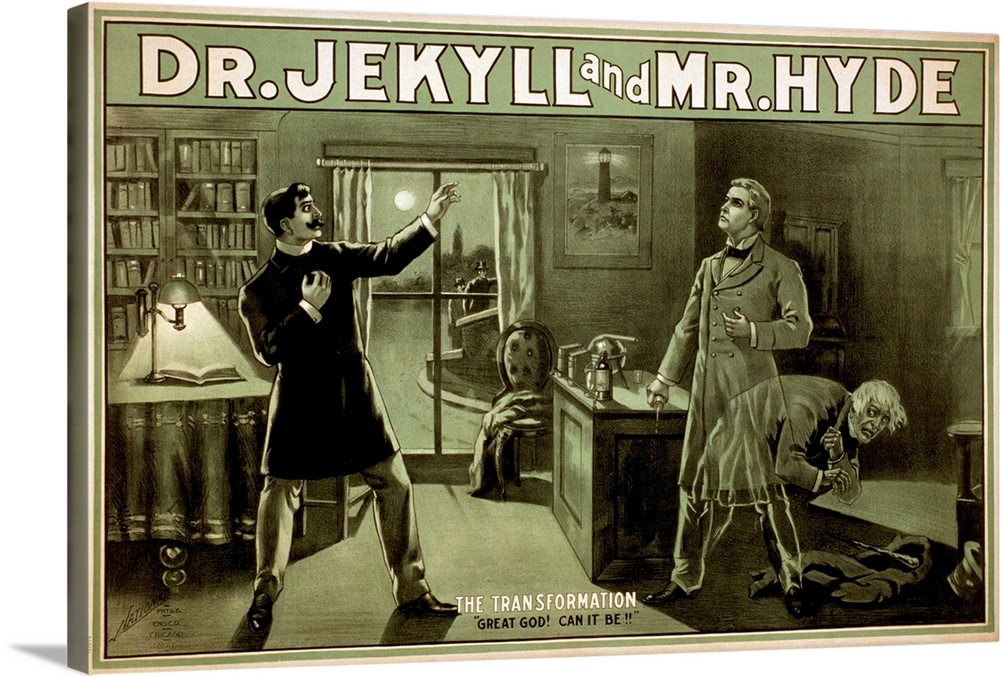 Theatrical poster shows the lawyer Utterson observing the Dr. Jekyll undergoing metamorphosis into Mr. Hyde. The play was ...