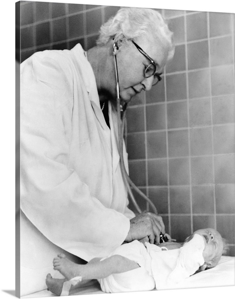 Dr. Virginia Apgar examining a newborn baby with stethoscope, Oct. 2, 1966. She introduced the 'Apgar Score,' a way to qui...