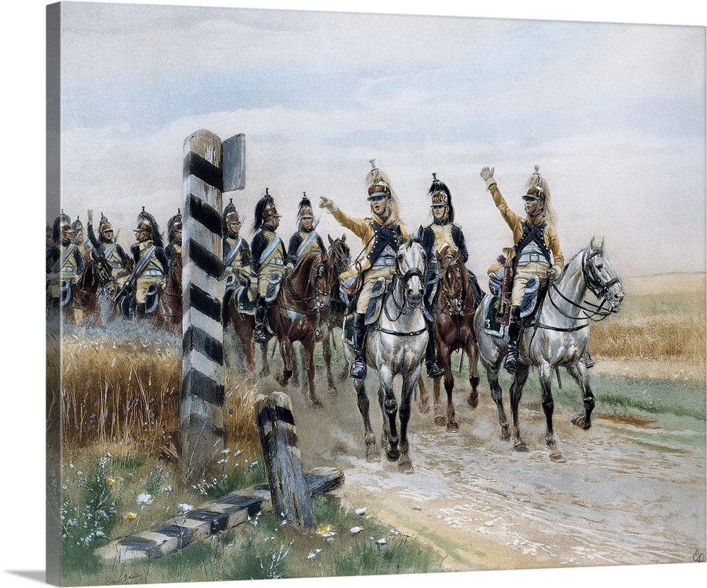 Edouard Detaille, French School. Dragoon regiment in front of the Boundary Post, late 18th century. Watercolour, 0.59 x 0....