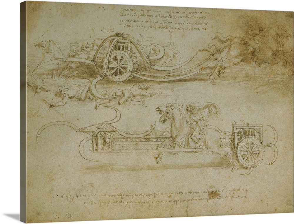 Studies of assault wagons fitted with scythes, by Leonardo da Vinci, 15th Century, 1482 -1485 about, watercolor pen and br...