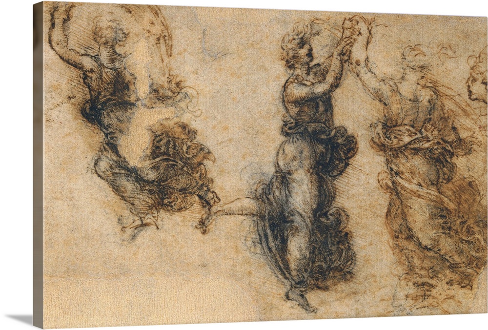 Study of dancing figures, by Leonardo da Vinci, 16th Century, 1515 -1515 about, pen and brush on a thin black traces in pe...