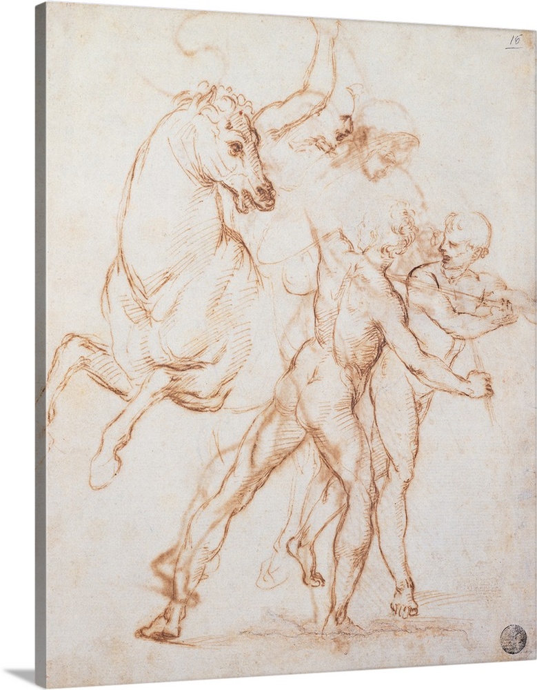 Sanzio Raffaello, A Warrior Riding a Horse and Fighting against Two Nude Standing Figures, 1505, 16th Century, pen and bro...