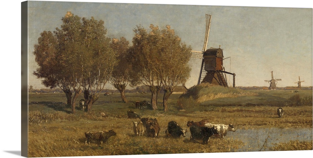 Dutch Polder Landscape near Abcoude, by Paul Gabriel, c. 1877, Dutch painting, oil on canvas. Three windmills are in a lin...