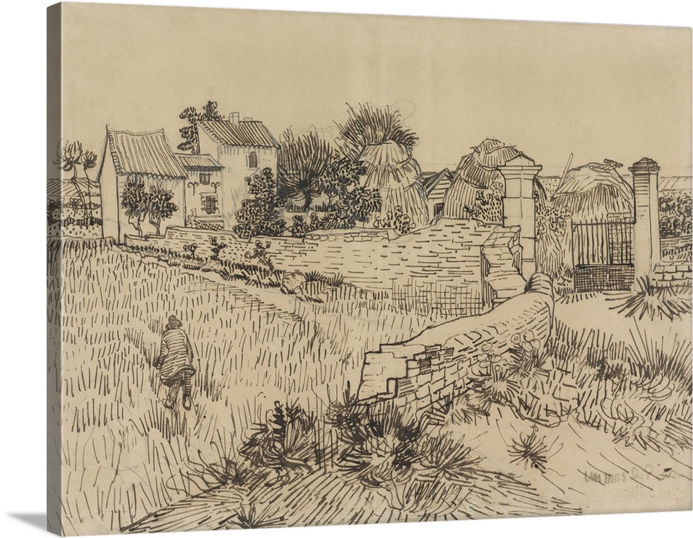 Farm in Provence, by Vincent van Gogh, c. 1888, Dutch drawing, pencil, pen and ink on paper. Drawn with van Gogh's distinc...
