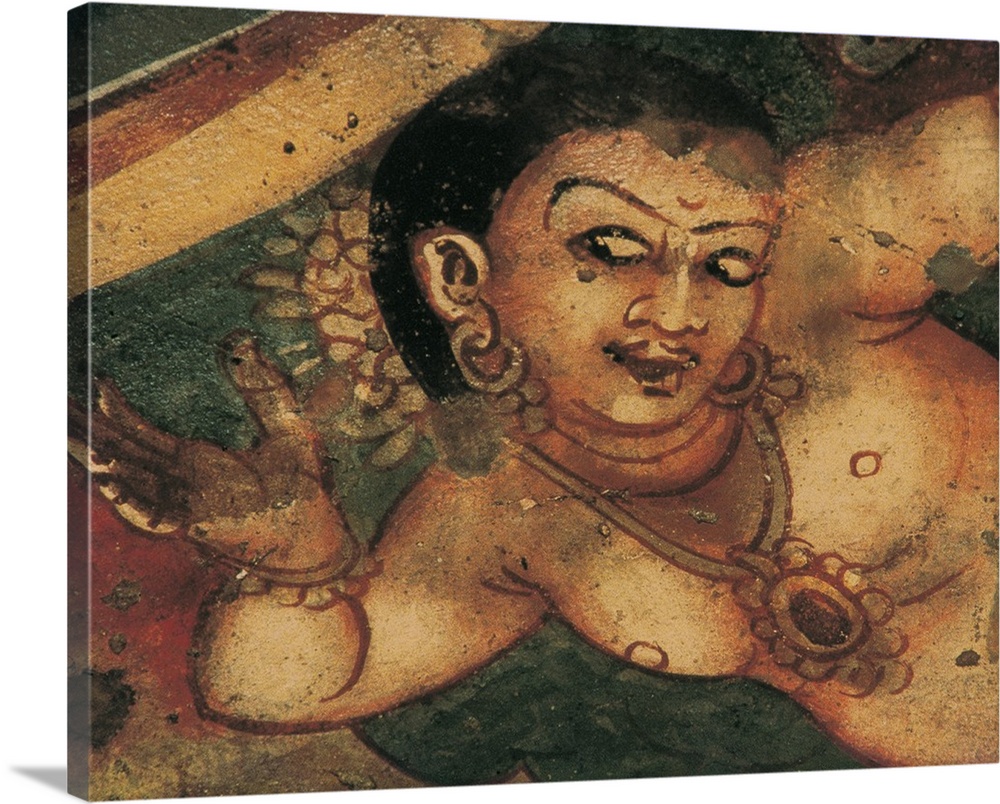 INDIA. Ajanta. Ajanta Caves. Detail with a feminine figure. Wall painting inside the cave n. 2 (5th-6th c.). Hindu art. Gu...