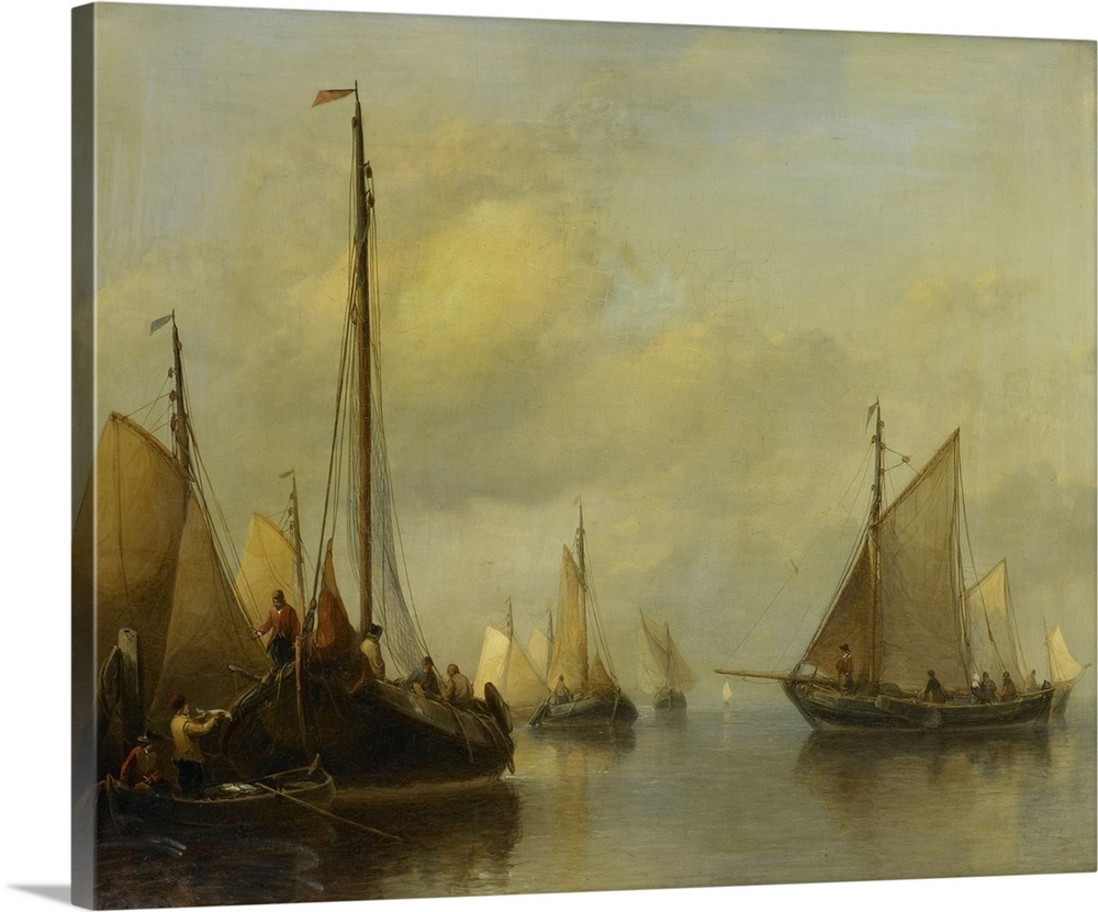 Fishing Boats on Calm Water, by Antonie Waldorp, 1840-50, Dutch painting, oil on panel. At left the catch is transferred t...