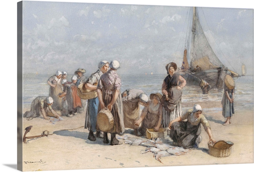Fishwives on the Beach at Scheveningen, by Bernardus Johannes Blommers, c. 1880-85, Dutch painting, watercolor. Women are ...