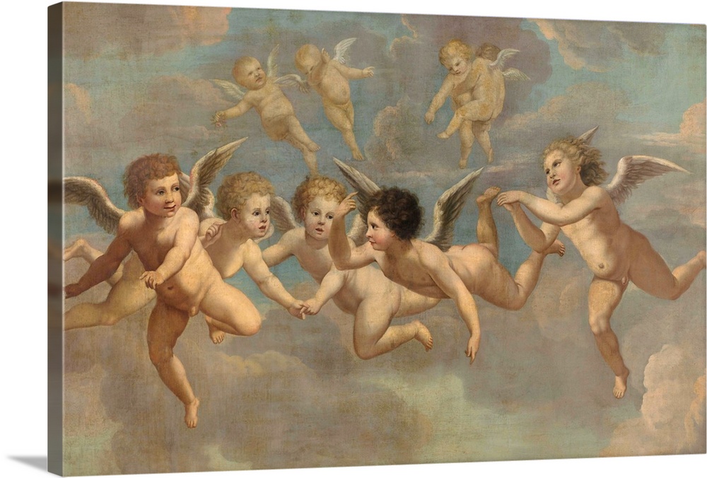 Five Flying Putti, by Anonymous artist, c. 1650, European painting. Formerly part of a ceiling fresco. Putti represent non...