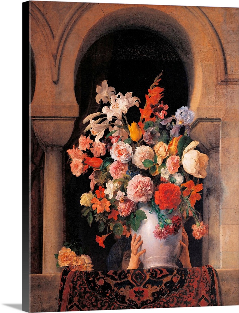 Flowers, by Francesco Hayez, 19th Century, oil on canvas, cm 125 x 94,5 - Italy, Lombardy, Milan, Brera art gallery. Vase ...