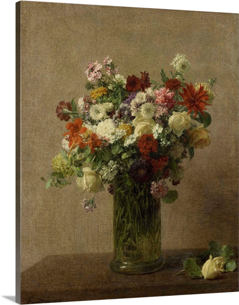 Flowers from Normandy, by Henri Fantin-Latour, 1887, French impressionist painting, oil on canvas. Bouquet of flowers in a...