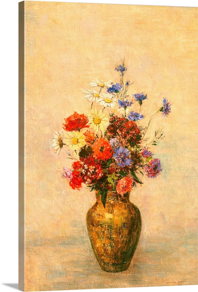 Flowers in a Vase, by Odilon Redon, 1910, French painting, oil on canvas. This bouquet of flowers includes poppies, cornfl...