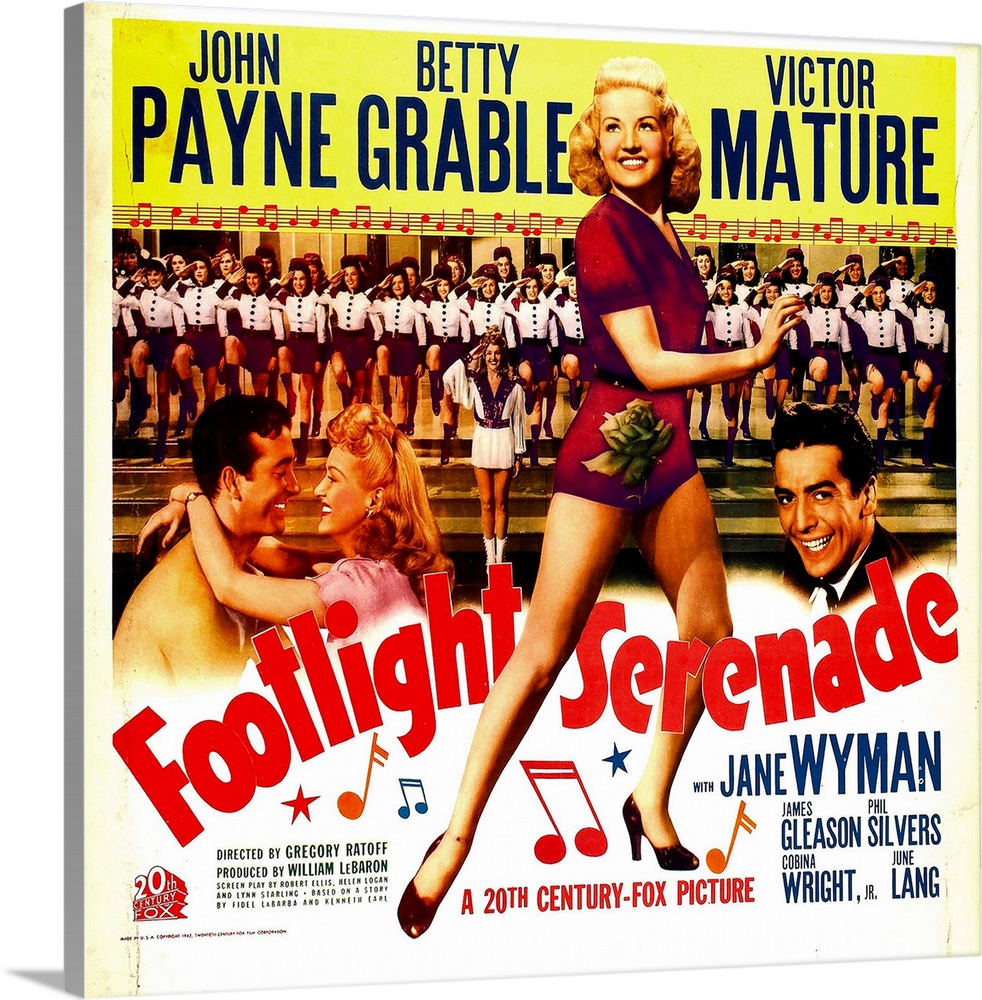 FOOTLIGHT SERENADE, from left: John Payne, Betty Grable, Victor Mature on window card, 1942, TM and Copyright .20th Centur...