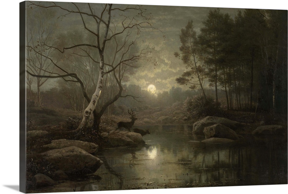 Forest Landscape in the Moonlight, by Georg Eduard Otto Saal, 1861, Dutch painting, oil on canvas. Autumn night scene with...