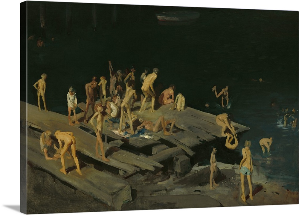 Forty-two Kids, by George Bellows, 1907, American painting, oil on canvas. A band of lanky, nude, and semi-clad boys are e...