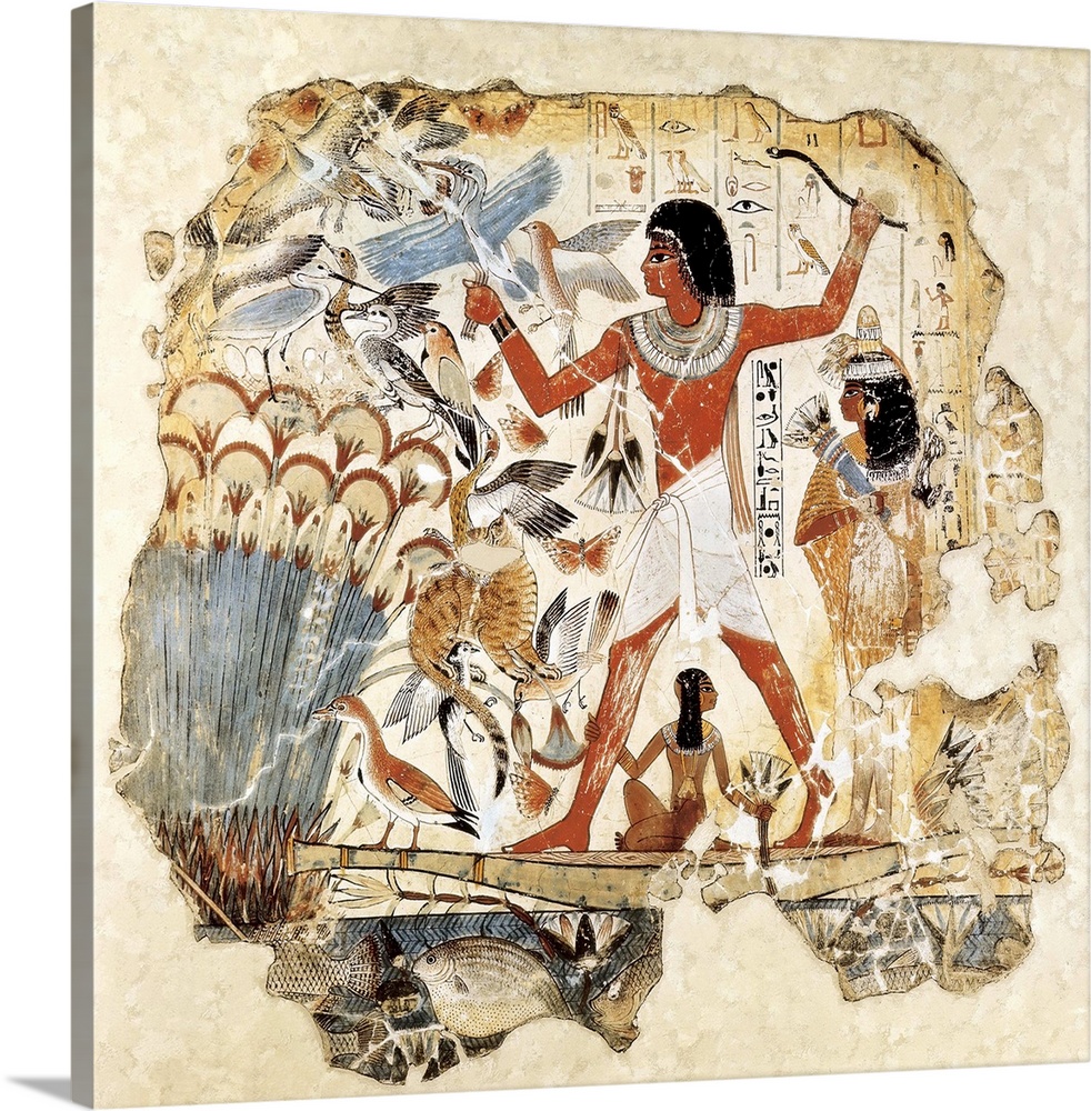 Fowling in the marshes. ca. 1400 BC. 18th Dynasty. Wall painting from the tomb of Nebamun where he appears with his wife H...