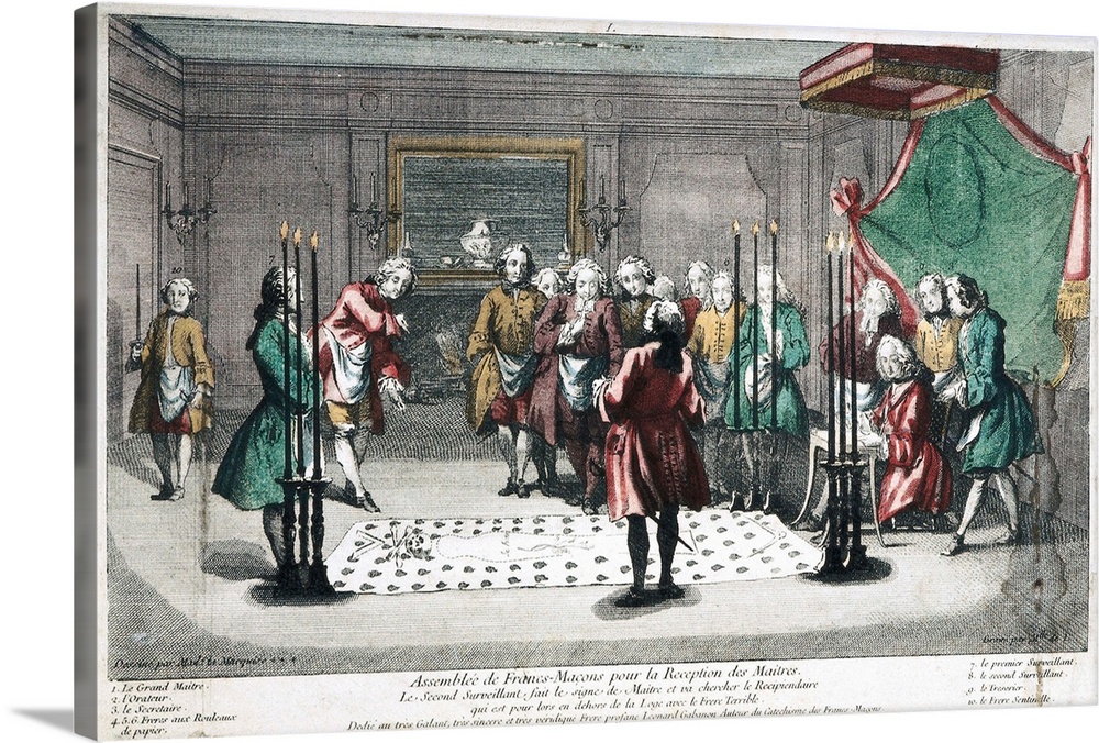 Assemblee des Francs-Masons pour la Reception des Maîtres. Freemasonry Assembly to receive the Masters. Engraving for the ...