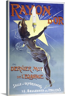 French poster. Nude woman with gossamer wings reaching toward the light of a star