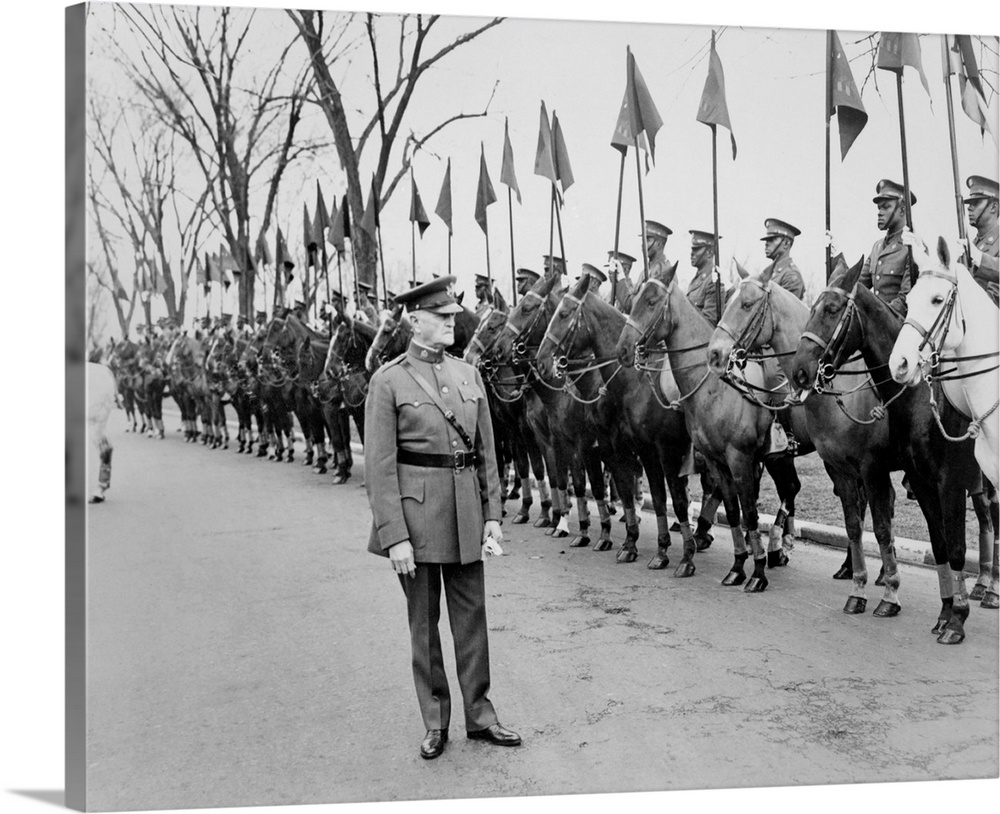 General John Pershing reviewing 'Buffalo Soldiers' of the African American Tenth Cavalry. Ft. Myer, Virginia, 1932.