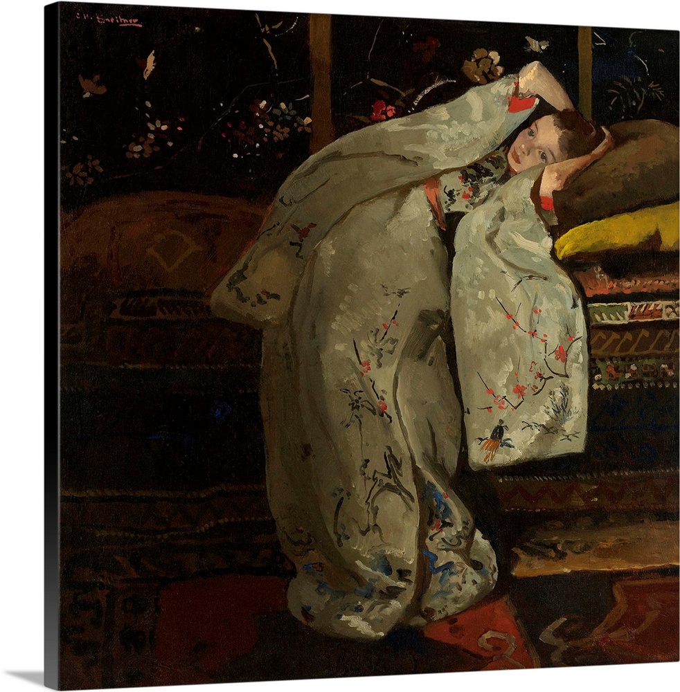 Girl in a White Kimono, by George Hendrik Breitner, 1894, Dutch painting, oil on canvas. White silk kimono with red-trimme...