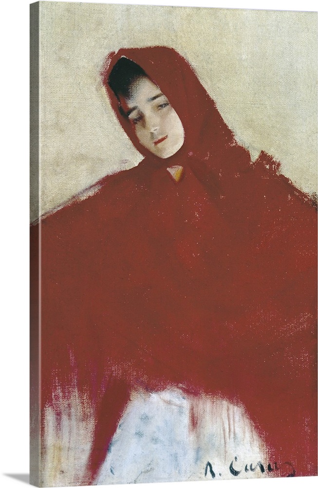 CASAS i CARBO, Ramon (1866-1932). Girl in red mantilla and scarf. Modernism. Oil on canvas. -