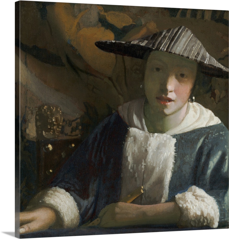 Girl with a Flute, by Johannes Vermeer, c. 1665-70, Dutch painting, oil on canvas. She wears a hat that creates a shadow o...