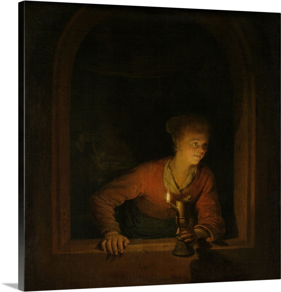 Girl with an Oil Lamp at a Window, by Gerard Dou, 1645-75, Dutch painting, oil on panel. Young woman with burning oil lamp...