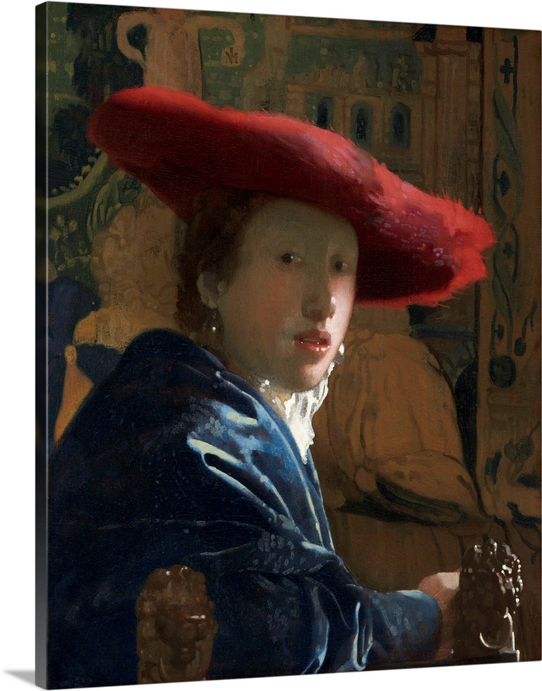 Girl with the Red Hat, by Johannes Vermeer, c. 1665-66, Dutch painting, oil on canvas. Portrayed with spontaneity and info...