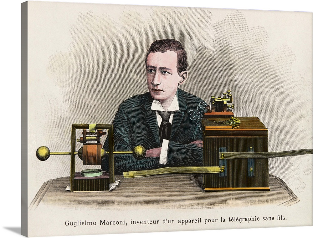 Engraving. Portrait de Guglielmo Marconi, Italian Physicist, who invented the radio telegraph system. Private Collection. ...