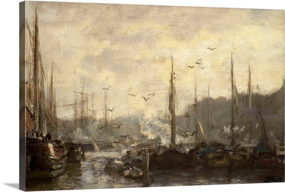 Harbor View, by Jacob Maris, c. 1887, Dutch painting, oil on canvas. Gulls fly over the masts of moored boats.