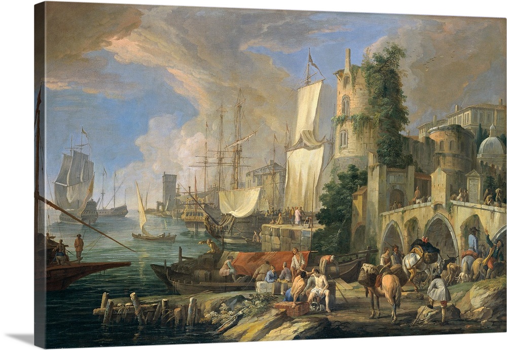 Harbor's View with Bridge and Tower (Veduta di porto con ponte e torre), by Luca Carlevaris, 1713, 18th Century, oil on ca...