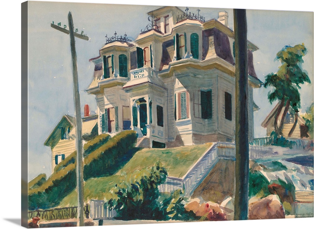 Haskell's House, by Edward Hopper, 1924, American painting, watercolor over graphite drawing. Large, ornate Second Empire ...