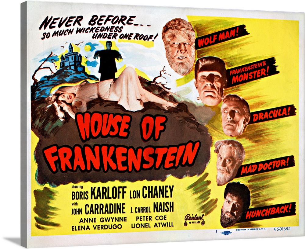 House Of Frankenstein, 1950 Re-Issue Title Card; On Left: Elena Verdugo (Girl In Nightgown), Glenn Strange (As Frankenstei...