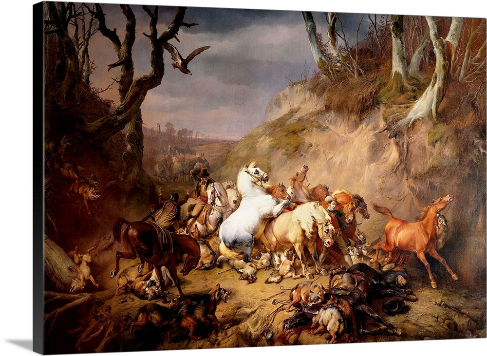 Hungry Wolves Attack a Group of Riders, by Eugene Joseph Verboeckhoven, 1986, Dutch painting, oil of canvas. Violence scen...