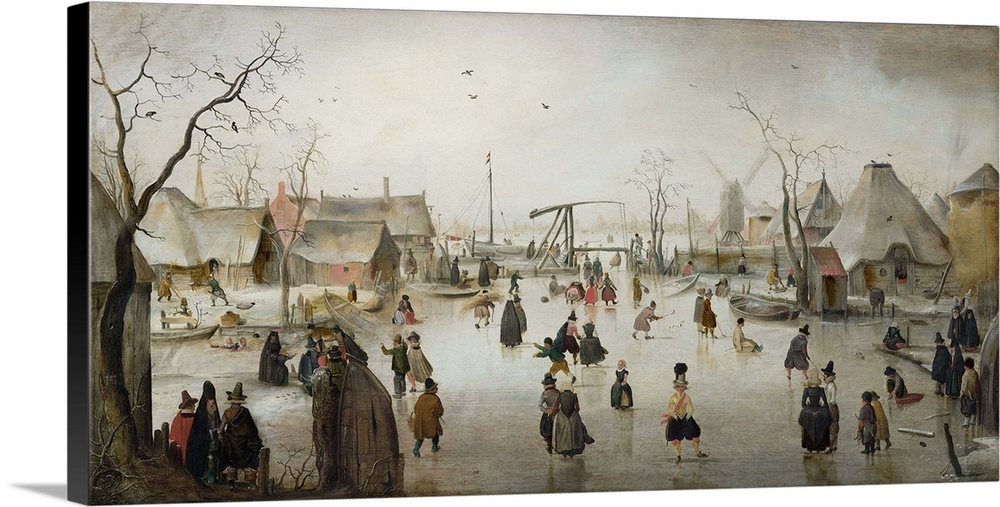 Ice-skating in a Village, by Hendrick Avercamp, 1610, Dutch painting, oil on panel. Village scene in winter with many figu...