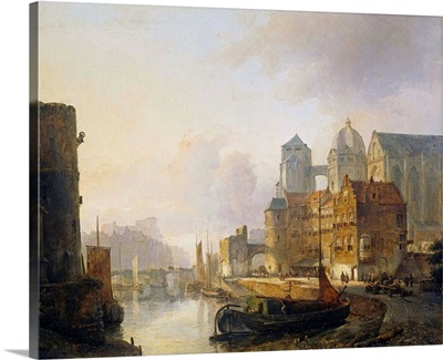 Imaginary View of a Riverside Town with Aachen Cathedral, 1846, Dutch painting