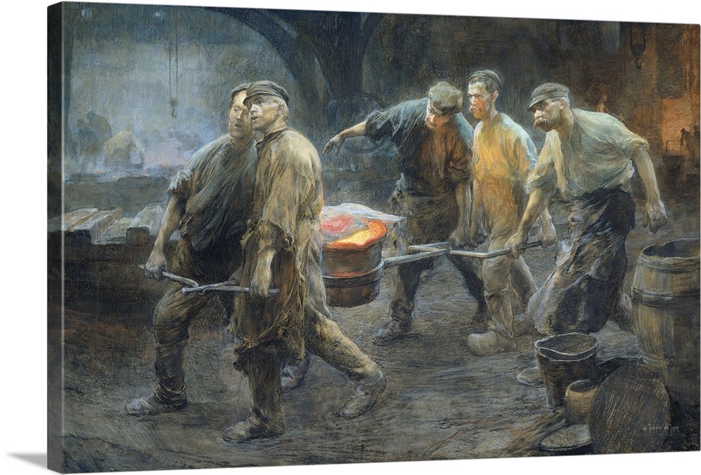Interior of an Iron Foundry, by Pieter de Josselin de Jong, 1880-1900, Dutch watercolor painting. Five workers carry a cru...