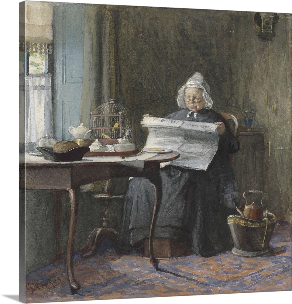 Interior with a Woman Reading the Newspaper, by Gerke Henkes, 1875-1900, Dutch watercolor. Elderly woman at her table with...