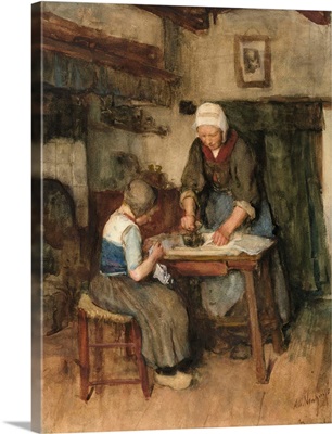 Interior with Woman Ironing and Sewing Child, c. 1890-1910. Dutch watercolor
