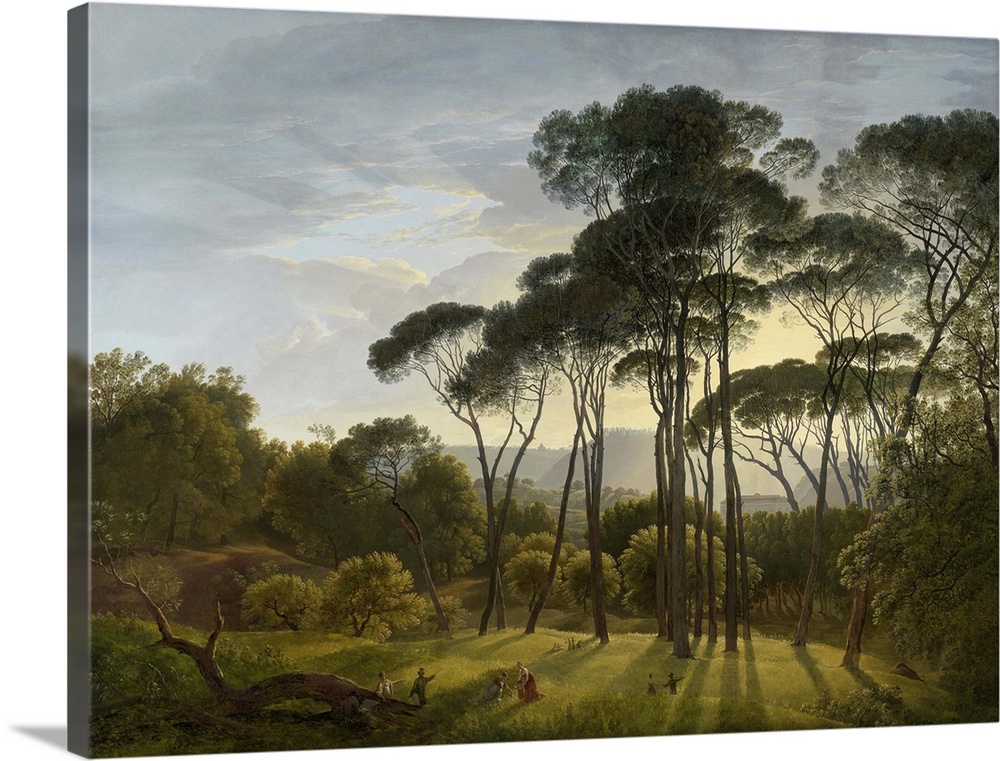 Italian Landscape with Umbrella Pines, by Hendrik Voogd, 1805, Dutch painting, oil on canvas. The sun casts long shadows, ...