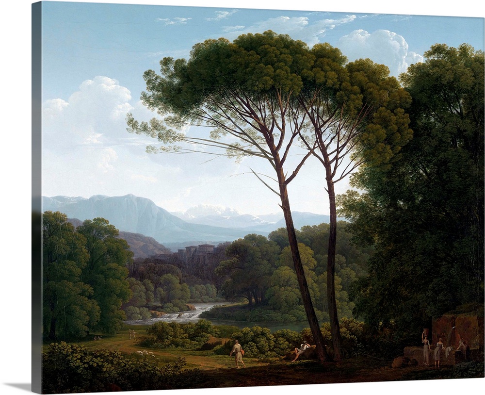 Italianate Landscape with Pines, by Hendrik Voogd, 1795 Dutch painting, oil on canvas. Landscape with clear forms, space, ...