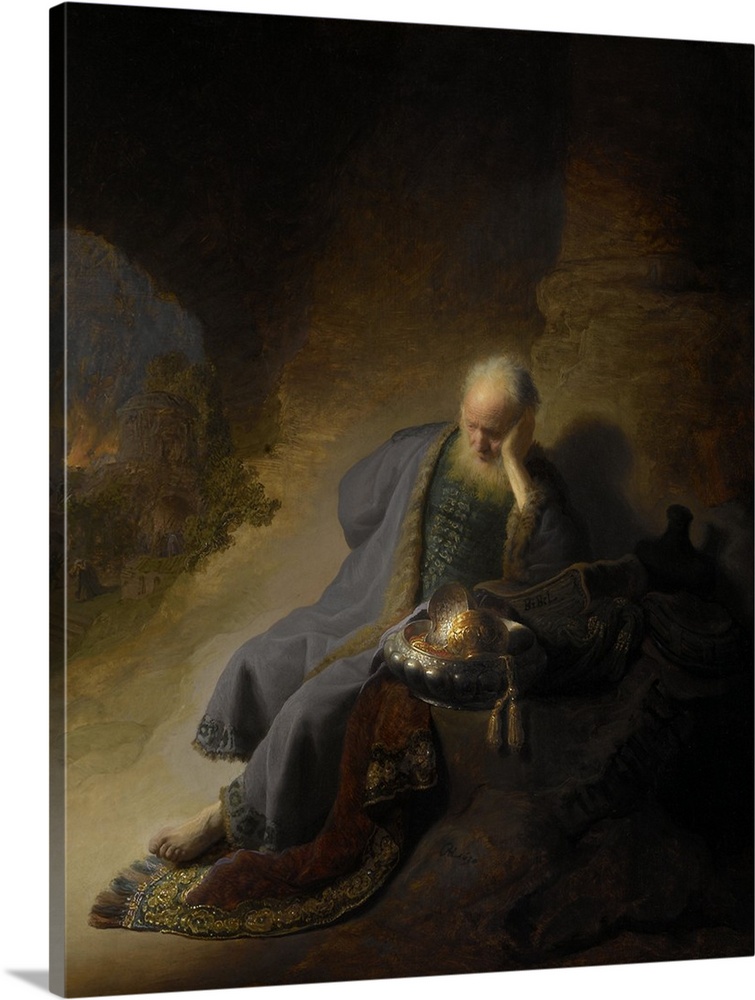 Jeremiah Lamenting the Destruction of Jerusalem, by Rembrandt, 1628, Dutch painting, oil on panel. Biblical prophet Jeremi...