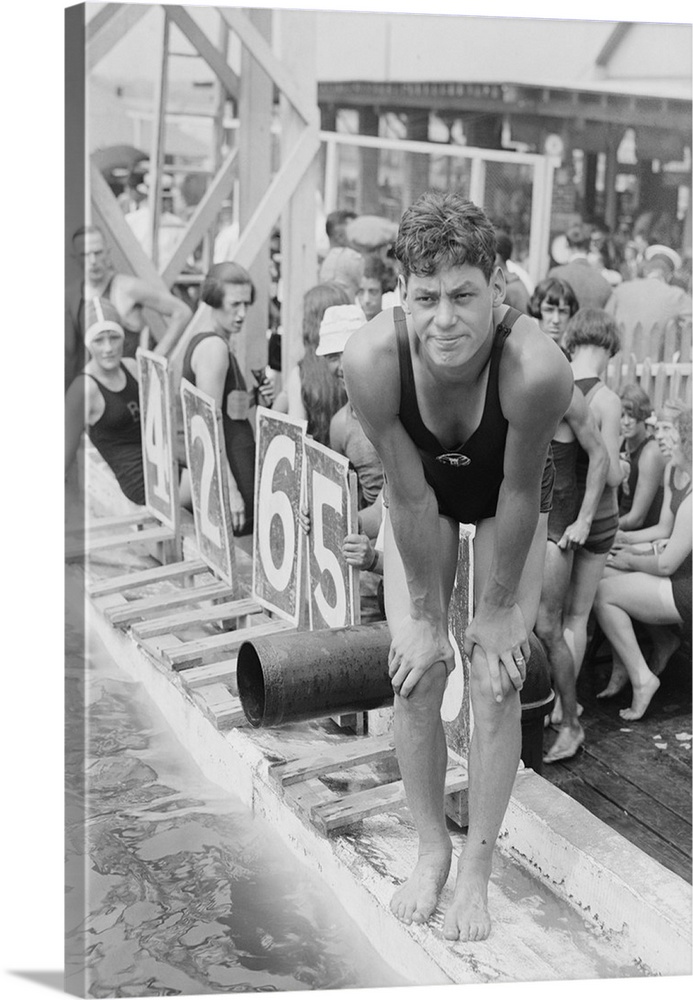 Johnny Weissmuller at competitive swimming event in the 1920s. After winning five Olympic gold medals and one bronze medal...