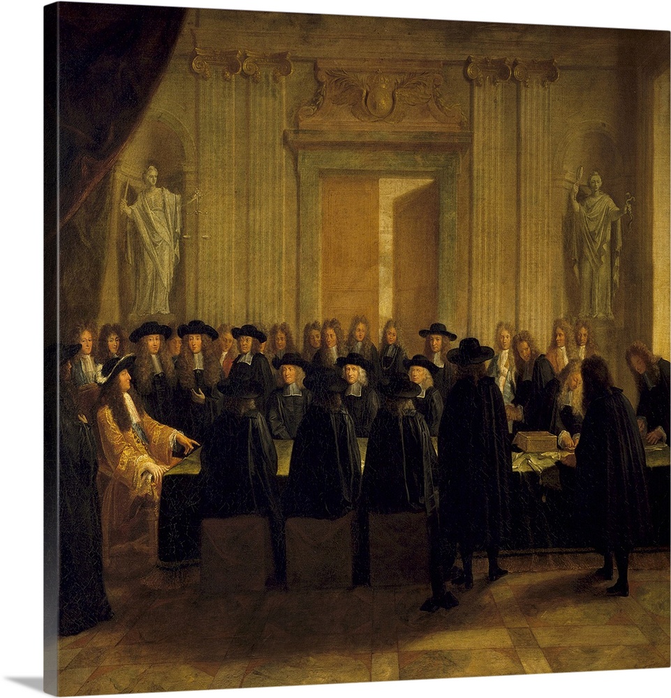 2354, French School. Louis XIV presenting the seals in the presence of the senior members of the Council of state and the ...