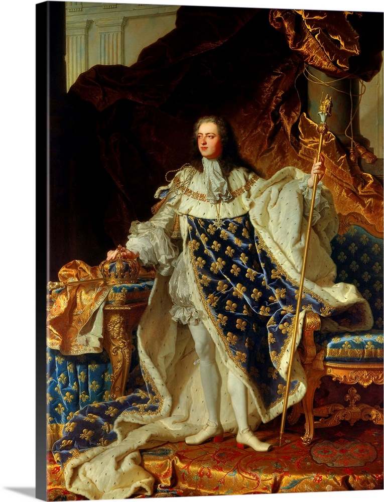 Hyacinthe Rigaud, French School. Full length Portrait of King Louis XV of France in Coronation Robe. 1730. Oil on canvas, ...