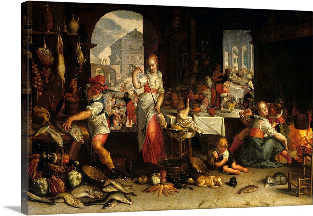Joachim Wtewael (1566-1638), Dutch School. Kitchen Scene with the Parable of the Feast. Originally oil on canvas.