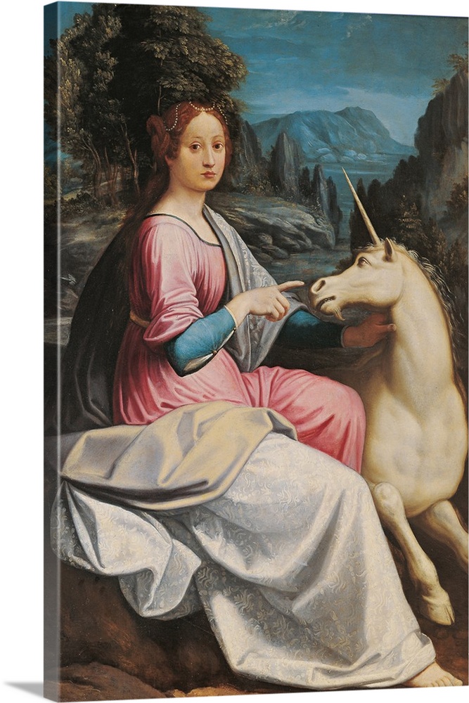 The Lady and the Unicorn (probably Giulia Farnese), by Luca Longhi, 1580 ante, 15th Century, oil on panel, cm 132 x 98 - I...