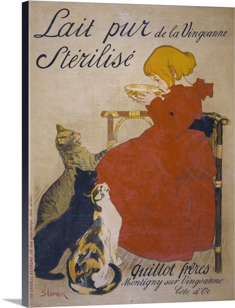 Lait Pur Sterilise De La Vingeanne, girl drinking milk from a bowl with cats begging, by Theophile Alexandre Steinlen, Par...