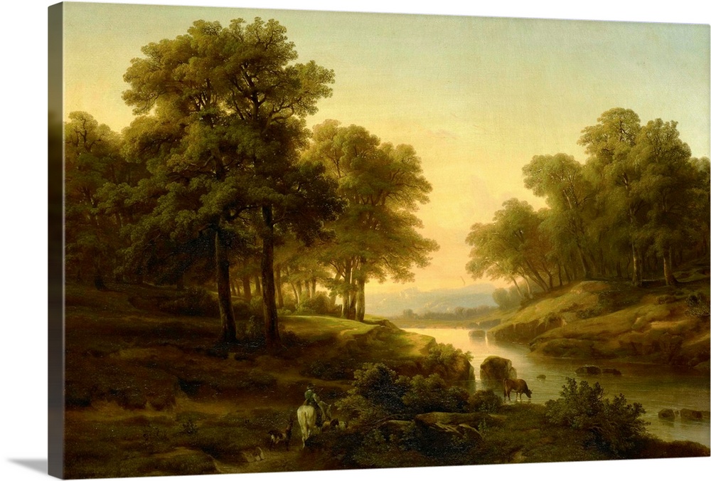 Landscape, by Alexandre Calame, 1830-45, Dutch painting, oil on canvas. Sunset reflected in a river with shepherd on horse...