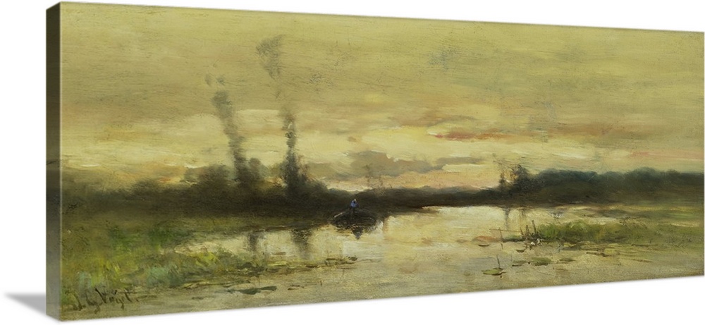 Landscape at Hilversum, by Johannes Gijsbert Vogel, 1880-1915, Dutch painting, oil on canvas. Marsh with a boat near sunse...